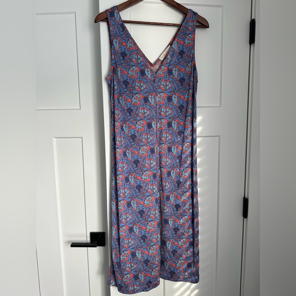 Tory Burch Sleeveless V-Neck Coral & Blue Sandy Artemis Dress 100% Silk